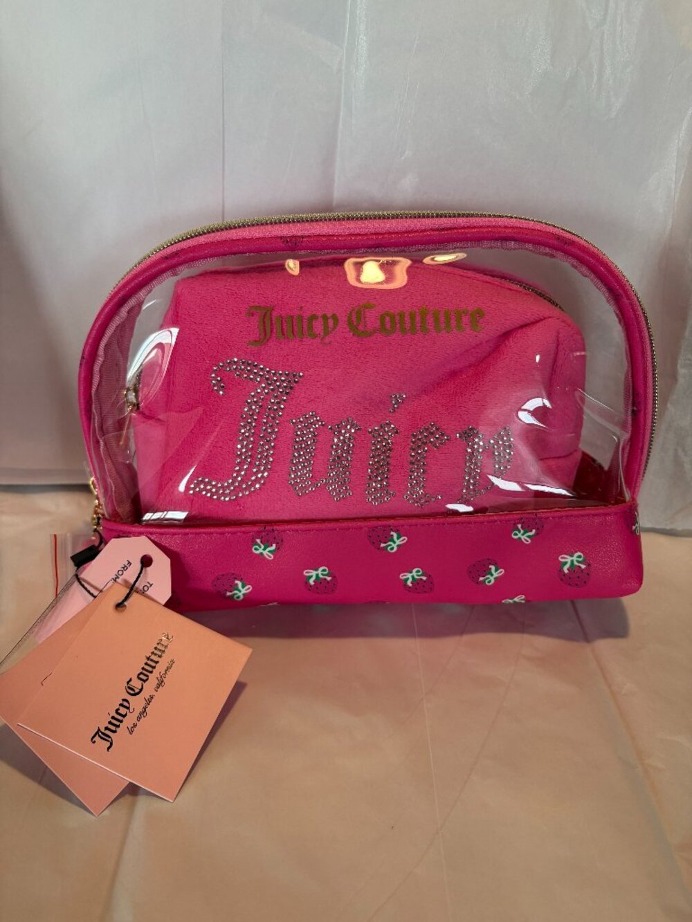 Juicy Couture Cosmetic Bag Set Pink Terry Juicy Rhinestone Travel